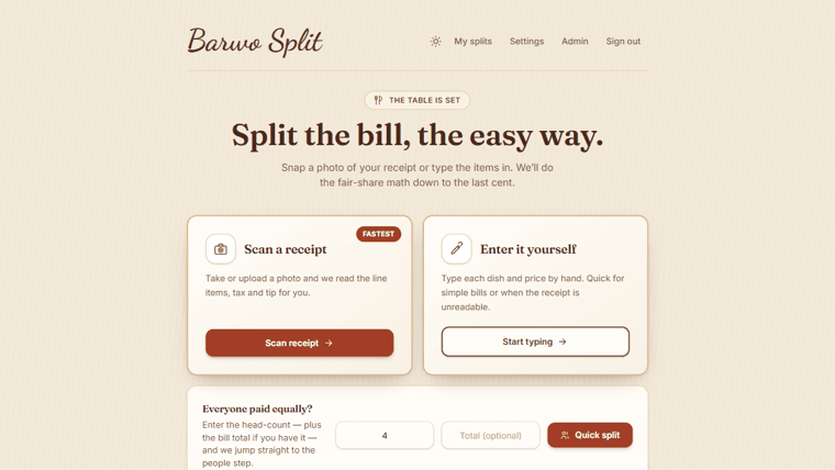Barwo Split receipt bill-splitting screenshot